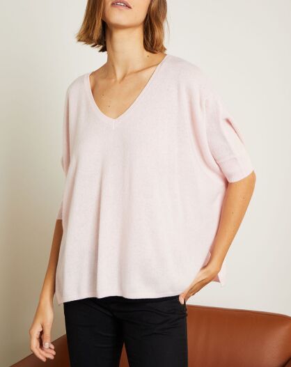 Pull poncho 100% Cachemire Marilyn Col V rose poudre